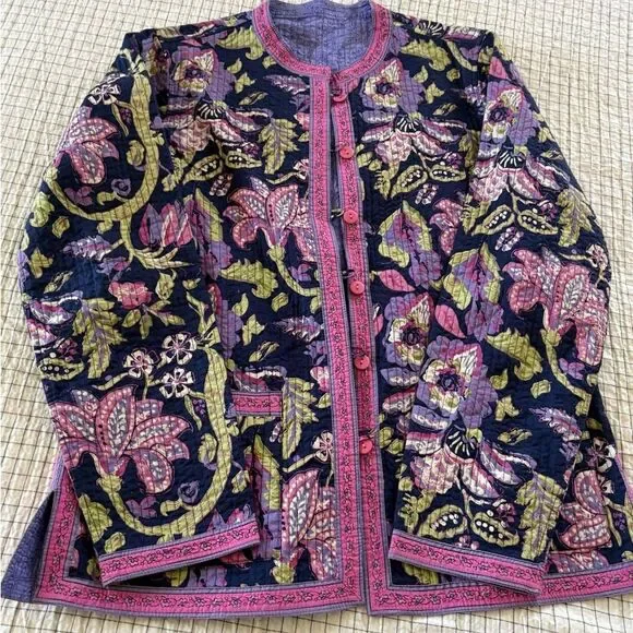 Reversible Women Floral Textured Quilted Jacket Size L Pockets Both Sides P2P 22 - Picture 3 of 12